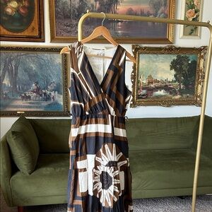 100% Cotton, Made in Italy, Geometric Print Maxi Dress in Brown, Black & White